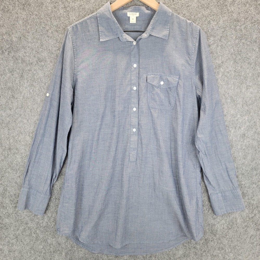 J‎ Crew Shirt Womens M Blue Chambray Tunic Lightweight Popover Rolltab Sleeves